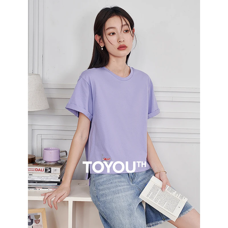 TOYOUTH Women T-shirt 2024 Summer Short Sleeve O Neck Short Tees Embroidery Six Colors Casual Basic All Match Tops