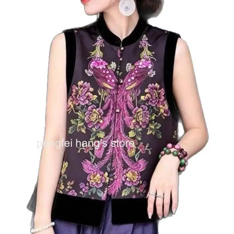 Women Chinese Style Mandarin Collar Embroidered Qipao Top Vintage Button Sleeveless Elegant Casual Daily Blouse for Female