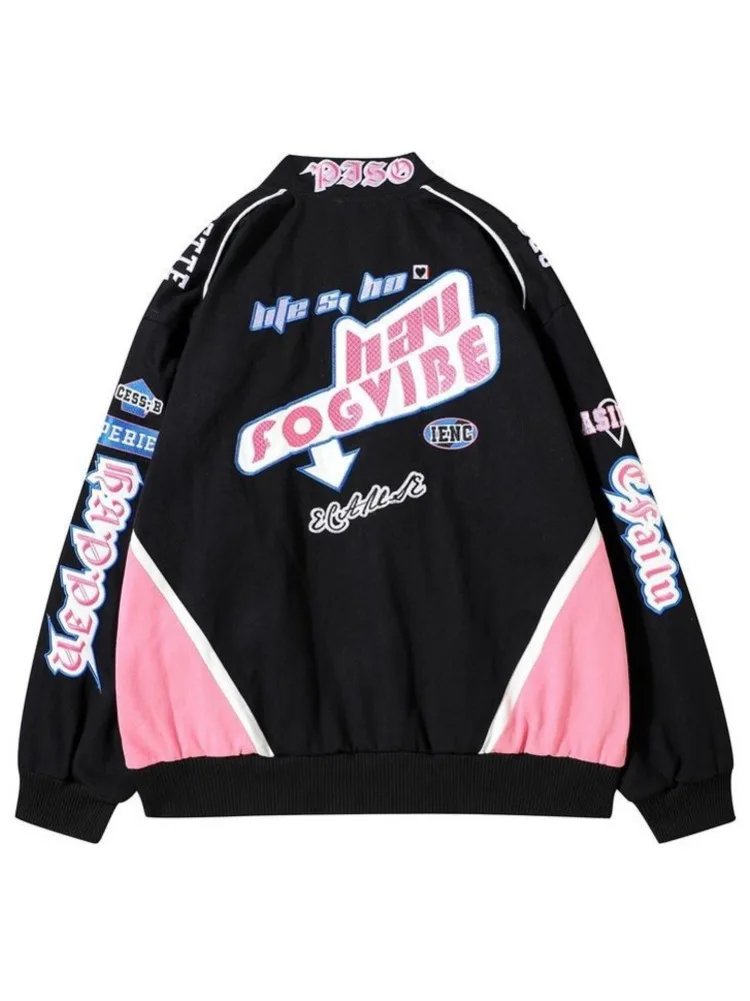 Printed Harajuku Goth Pink Coat Women Y2k Fashion Spring Autumn Jacket Women Punk Jacket Locomotive Racer Jackets For Women