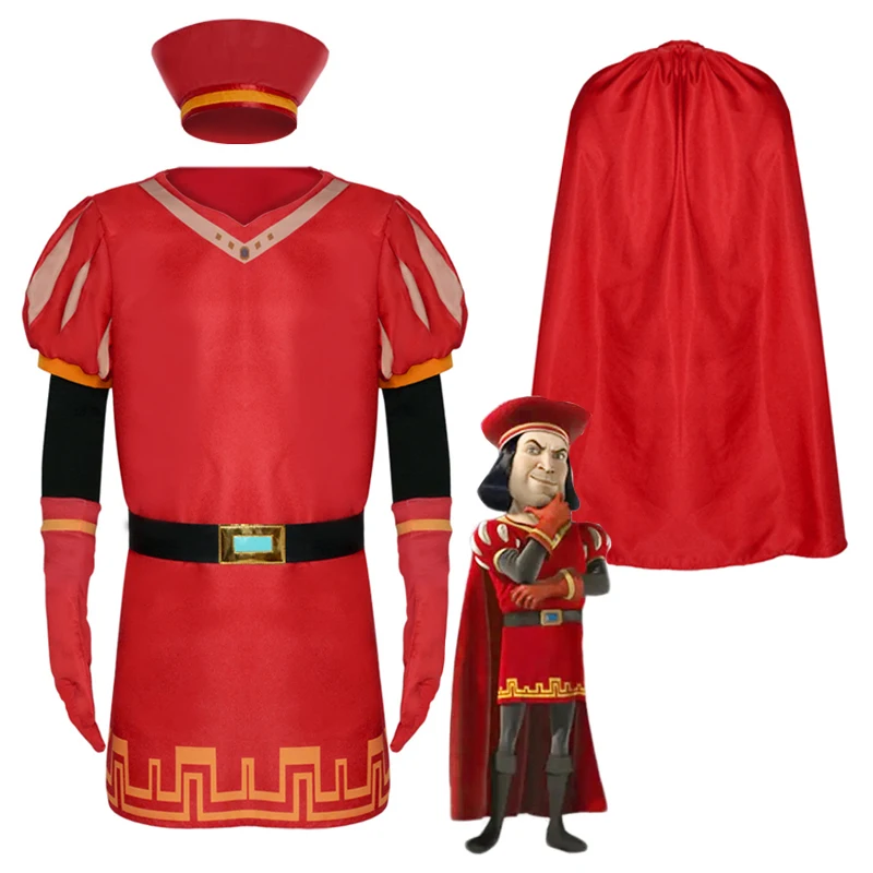 ผู้ชาย Lord Farquaad คอสเพลย์เครื่องแต่งกายผู้ใหญ่ King Farquaad หมวกเสื้อคลุมสีแดง Cape Tops กับเข็มขัด Deluxe ชุดสําหรับฮาโลวีน