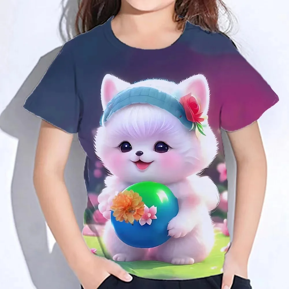 Girls' Summer Clothes Cute Furry Cat Print T Shirt For Kids Short Sleeve From 8 To 10 Years Teenagers Korean Tee Shirts Childre