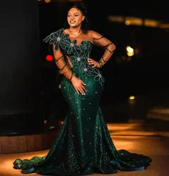 Long Sleeves Beading African Women Sequin Prom Gowns Aso Ebi Wedding Guest Party Wear Luxury Green Mermaid Evening Dresses