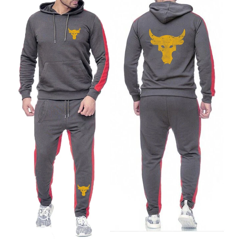 2025 Spring And Autumn Man's Dwayne Johnson Brahma Bull Tattoo Logo Print Solid Color Round Neck Hoodies+Sports Pants Suits