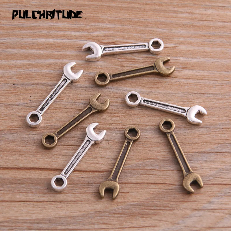 PULCHRITUDE 14PCS 6*24mm Two Color Metal Zinc Alloy Daily Necessities Tool Wrench Charms Fit Jewelry Pendant Charms Makings