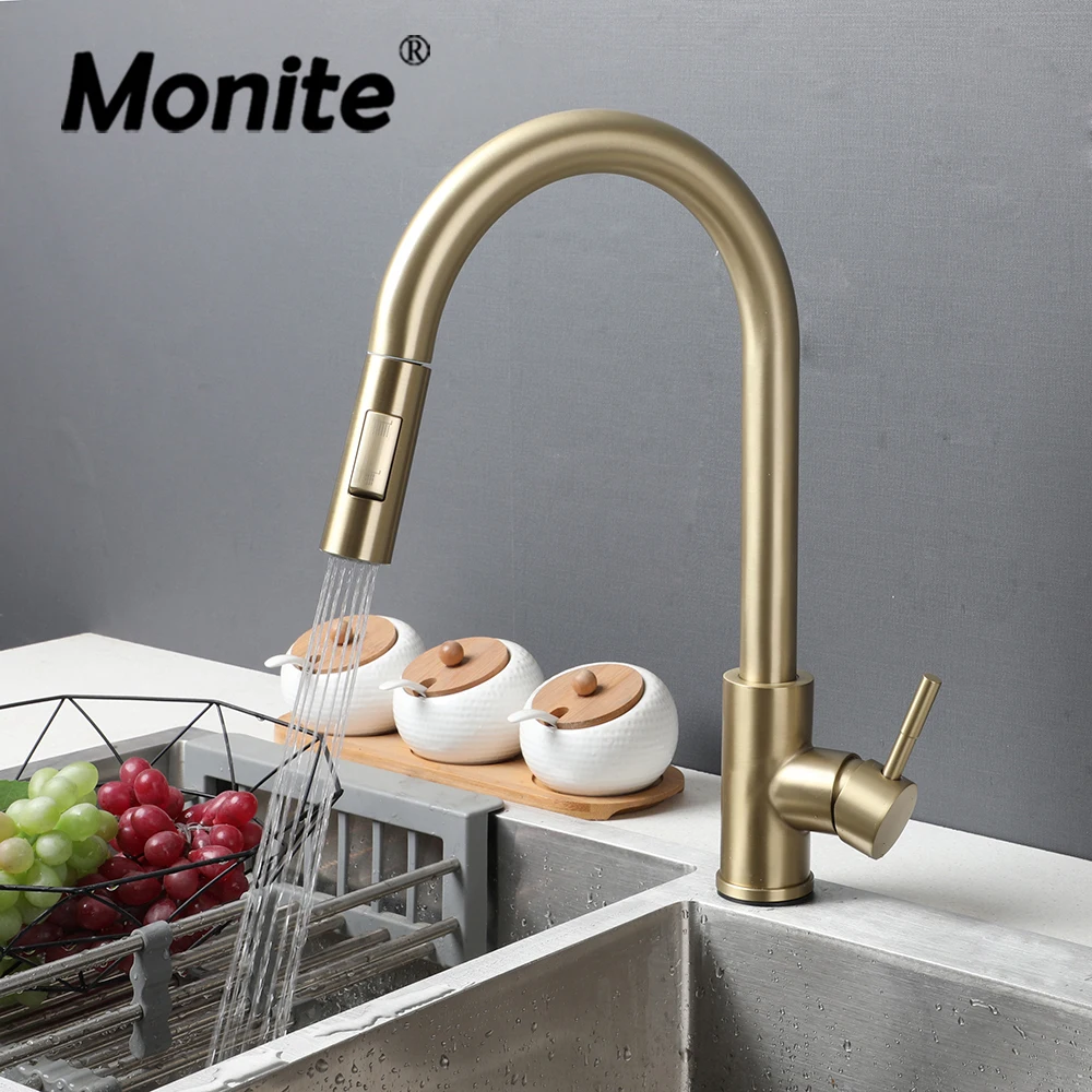 Monite Kitchen Sink Faucet Golden Brushed Rainfall and Stream Pull Out Style Hot Cold Water Single Handle Mixer Taps Faucets