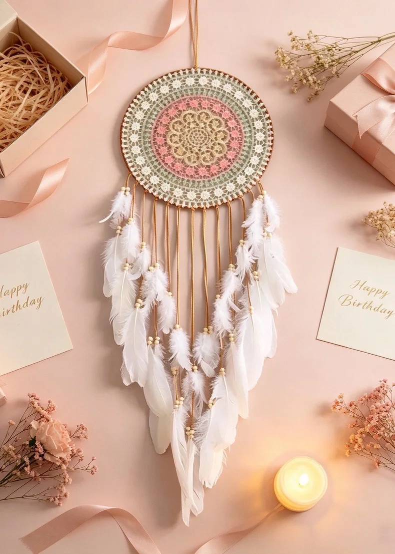 Handmade Round Feather Indoor Bedroom Decoration, Bohemian Style Wall Hanging Dream Net, Festival Blessing Gift