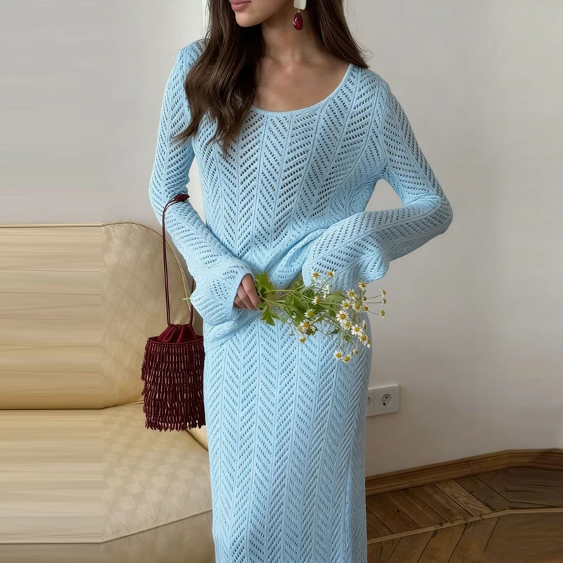 

Spring Summer New Solid Color Commute Outfits Women High Waist Skirts Sets French Style Hollow Out Knitted Tops&Half Skirts Sets