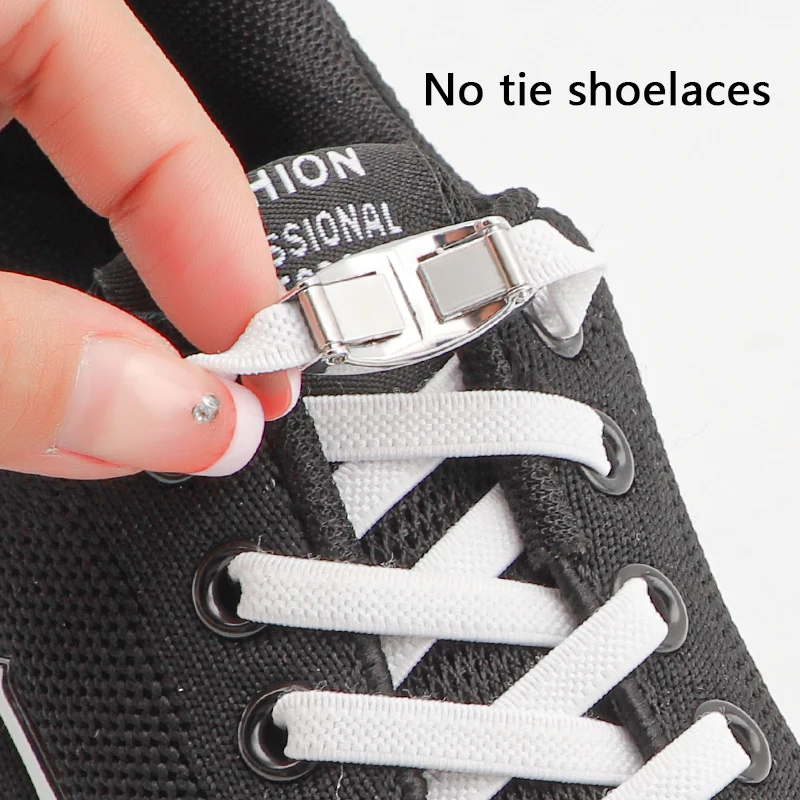 1 Pair Elastic No Tie Shoelaces Flat Shoe Laces for Kids and Adult Sneakers Quick Lazy Metal Rugby Shape Lock Shoelace