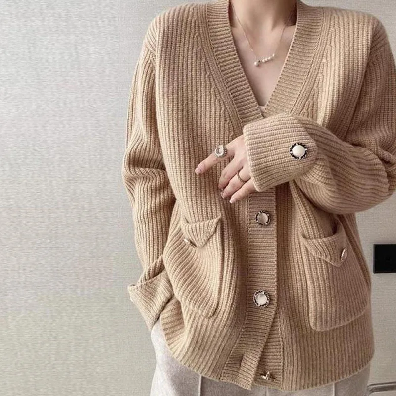 Fashion Autumn Winter Button Solid Color Knitted Sweater Women Long Sleeve Cardigan  Loose Elegant Korean Clothing 28347