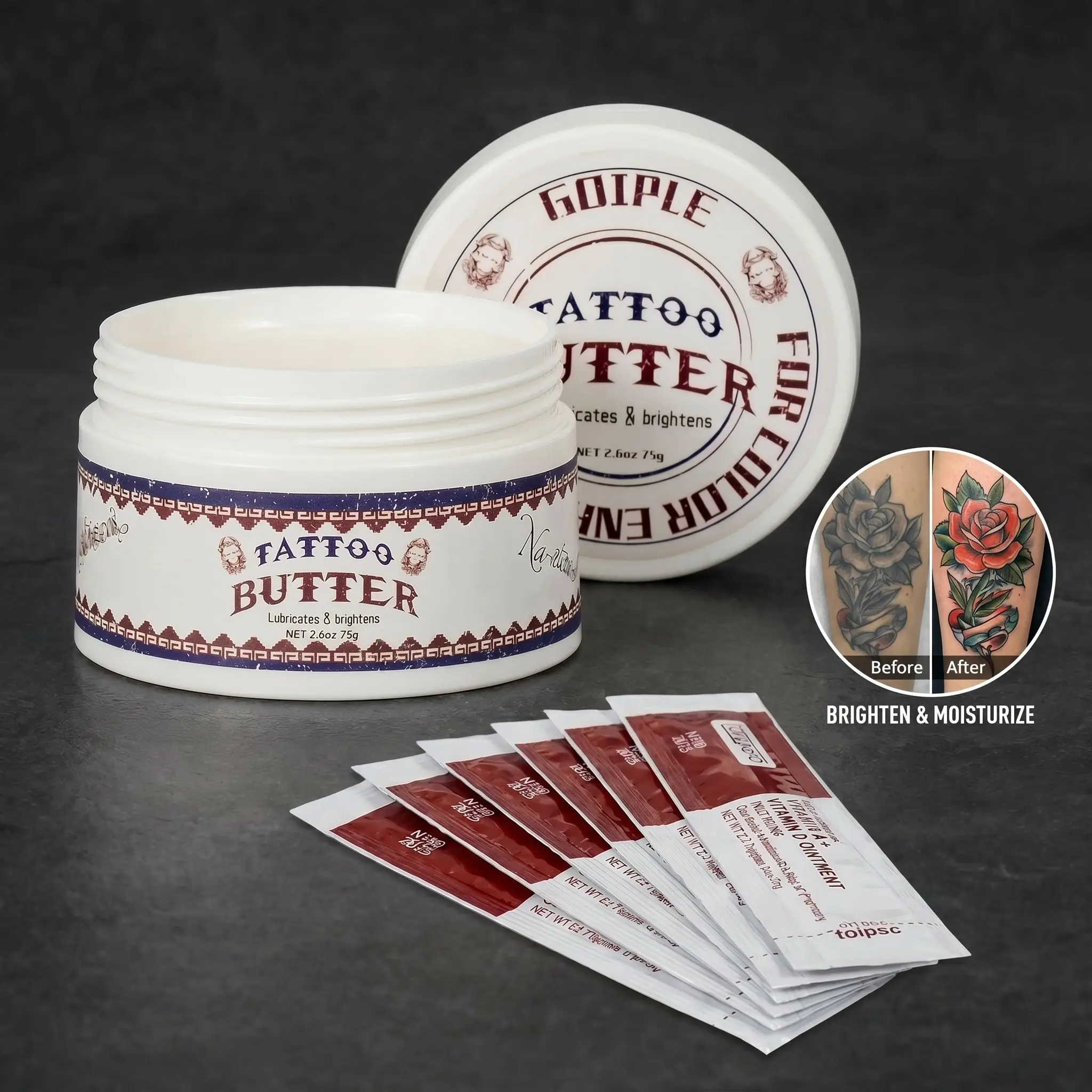 

GOIPLE Tattoo Aftercare Balm 75g Healing Ointment Packets, Professional Tattoo Care Cream for Deep Hydration & Soothing, Clear Color Lock Tattoo Butter Prevent Fading