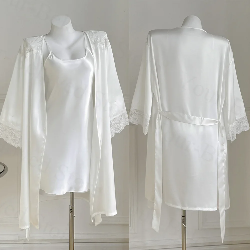 

White Bride Wedding Dress 2Pcs Robe Suit Sexy Intimate Lingerie Women's Ice Silk Nightdress Homewear Sexy Spaghetti Strap