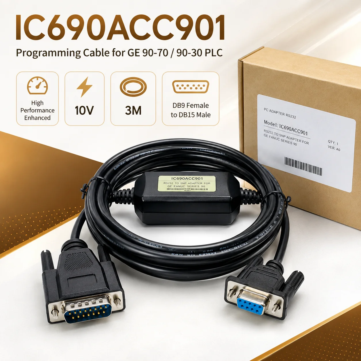 3M IC690ACC901 RS232 to SNP Programming Download Cable for GE 90-30 90-70 PLC DB9 Female DB15 Male 10V
