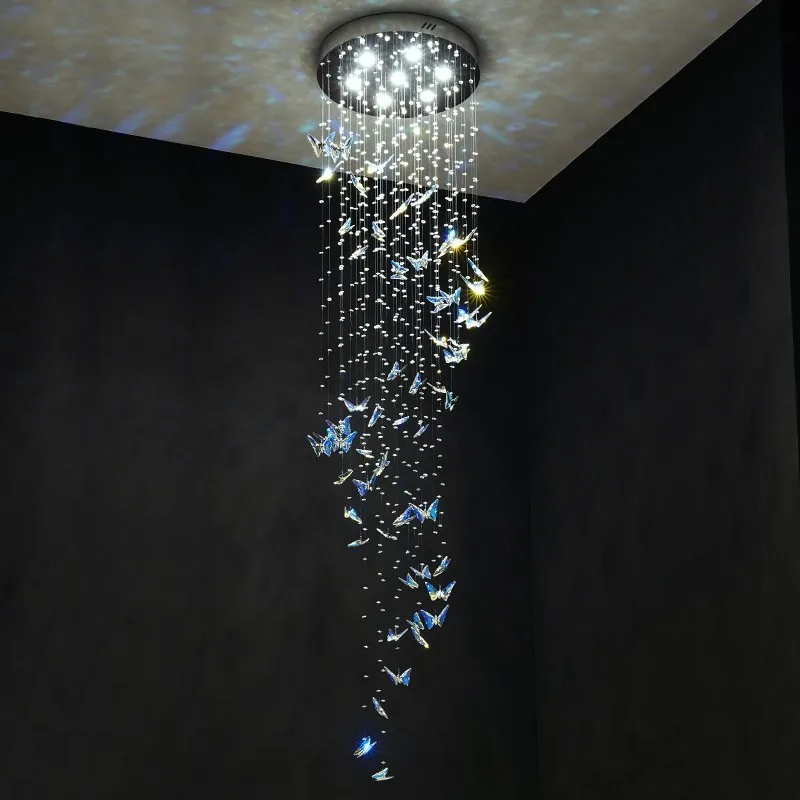 

Modern crystal butterfly LED chandelier, staircase light luxury crystal chandelier, high ceiling large chandelier, high-end