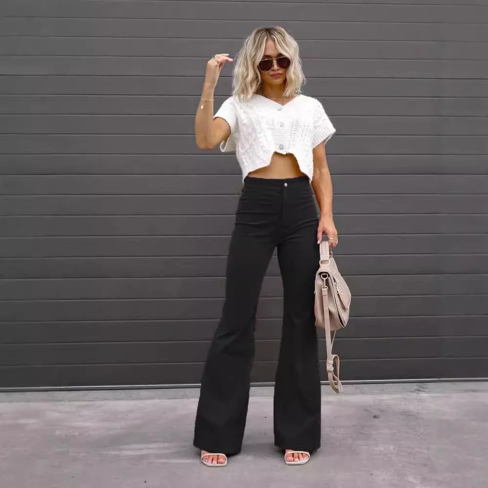 ハイウエストコーデュロイカラーカジュアルパンツエレ女性のマイクロフレアパンツ秋冬新着レディースファイオン