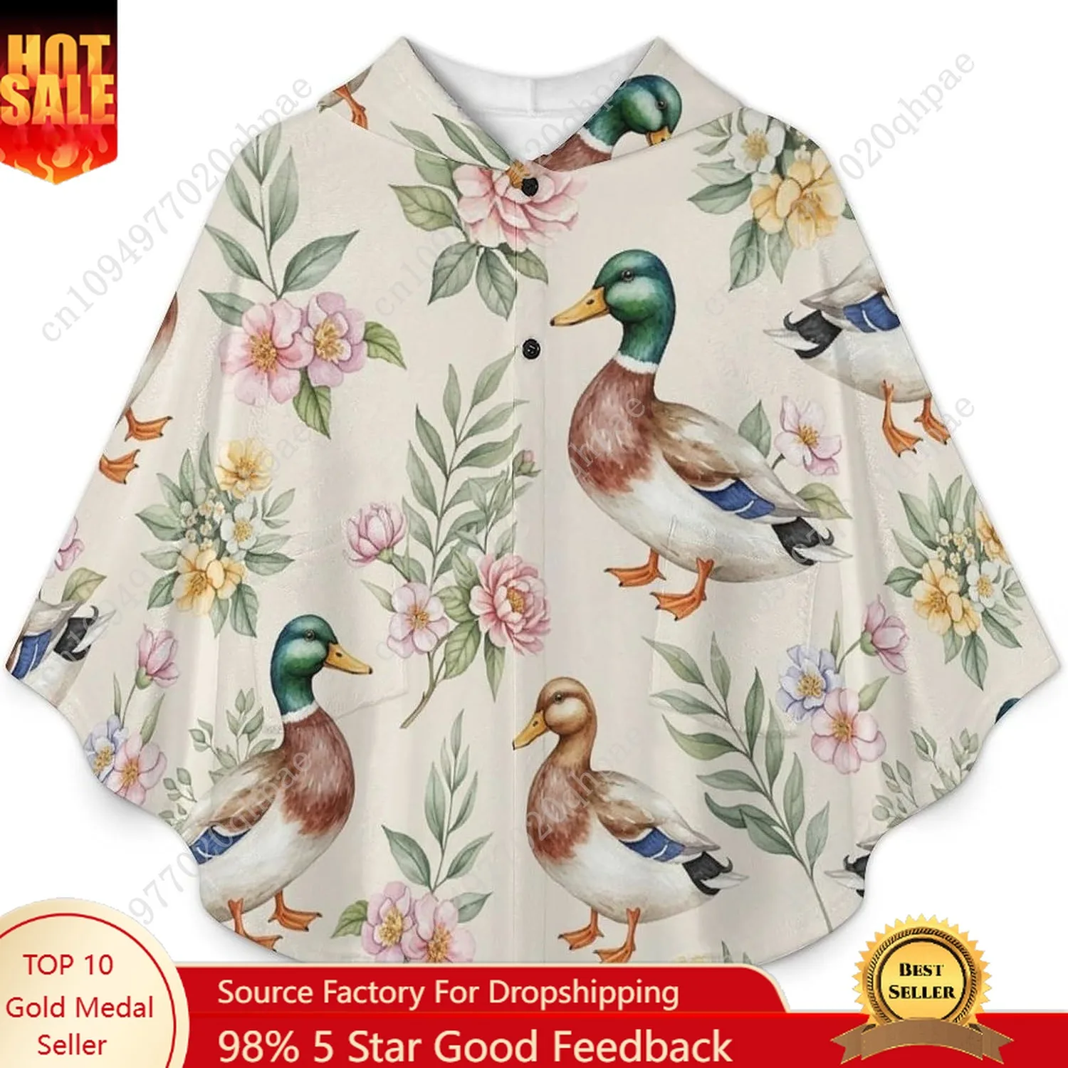 Przytulny sweter-koc z flaneli, bluza z kapturem oversize z kaczkami, kwiatami i liśćmi, z kieszeniami dla dzieci i nastolatków.