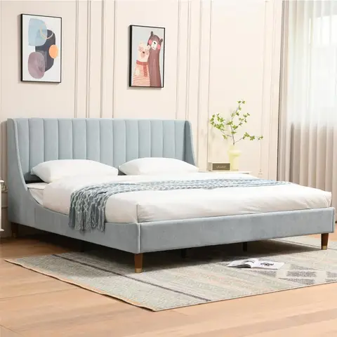 King Size Bed Frame with Linen Fabric Twin Wingback Headboard, Upholstered Platform Bed with Wooden Slat Support, Noiseless