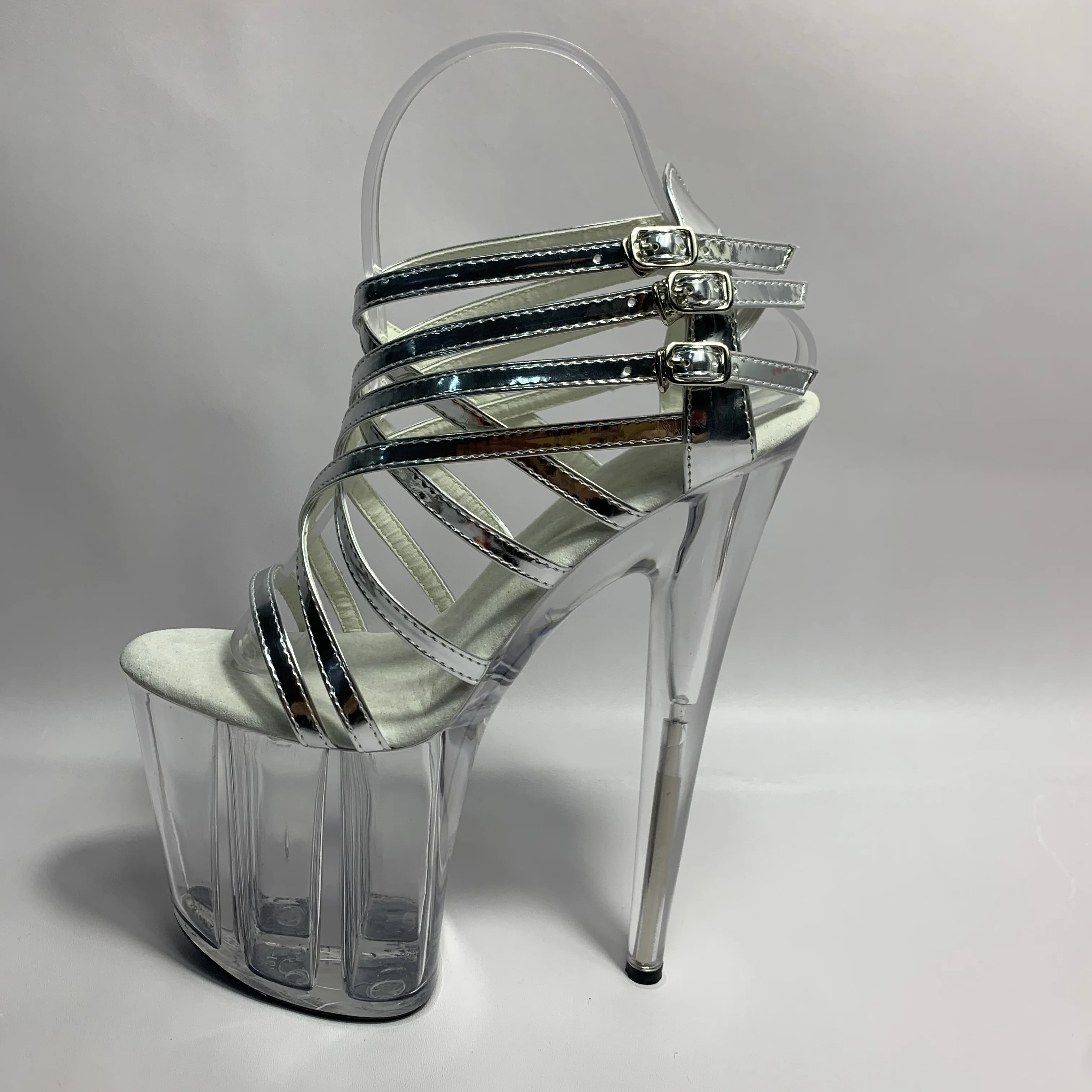 Stiletto 20 cm high heels, cross strap sexy club performance transparent crystal dance shoes