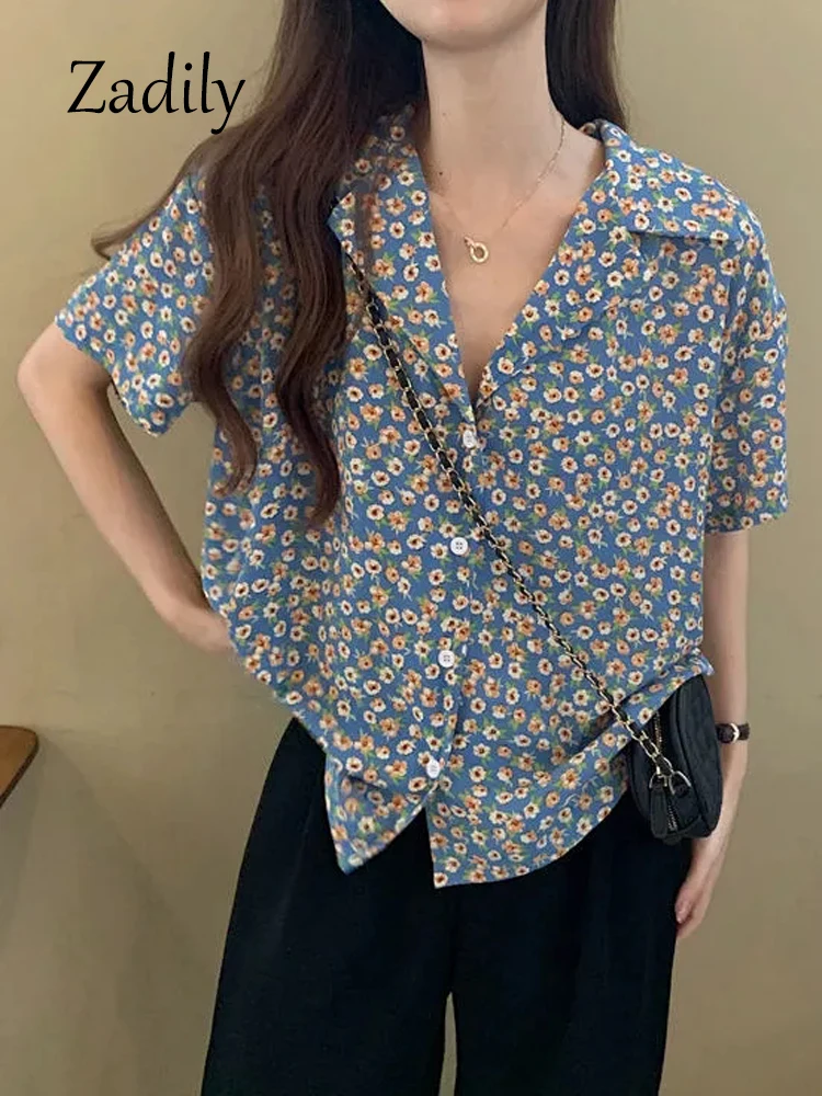 2024 Summer Vintage Floral Printing Button Up Women Shirt Korea Style Notched Neck Short Sleeve Woman Blouse Tunic Female Blouse