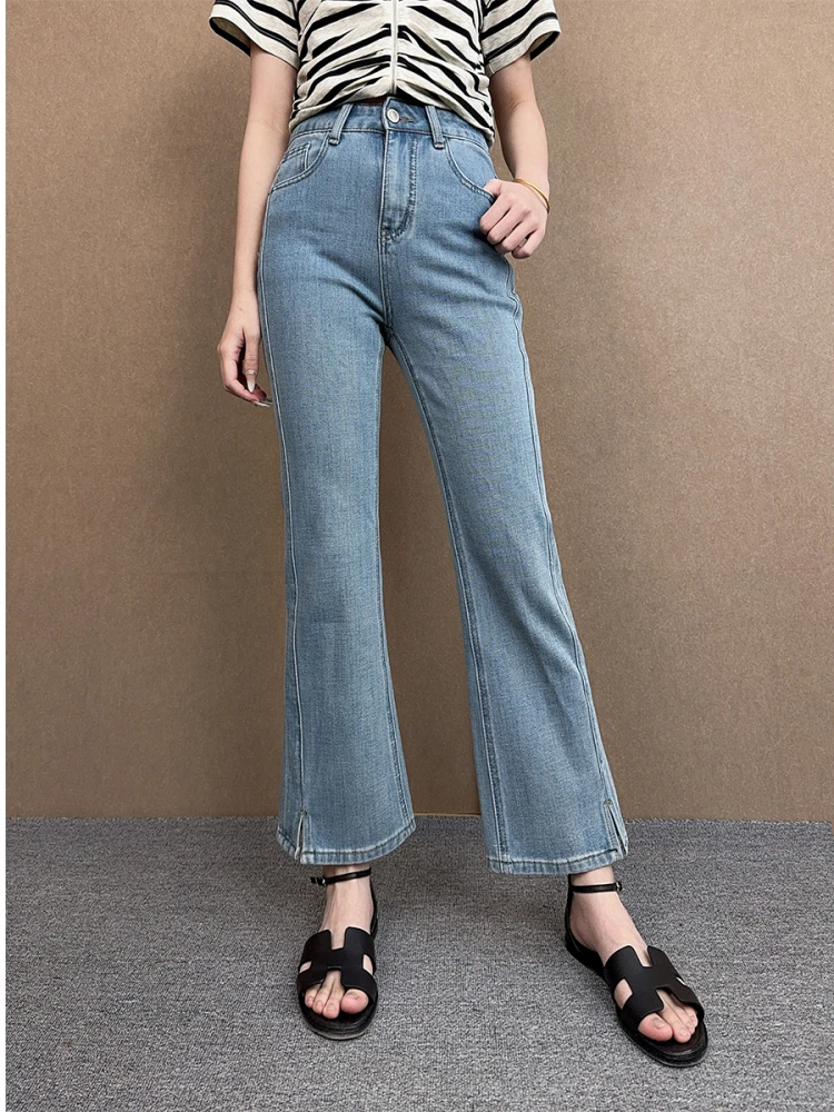 

Джинсы-клеш женские премиум-класса с высокой талией, облегающие, летние, новые, эластичные в четырех направлениях, с боковыми разрезами