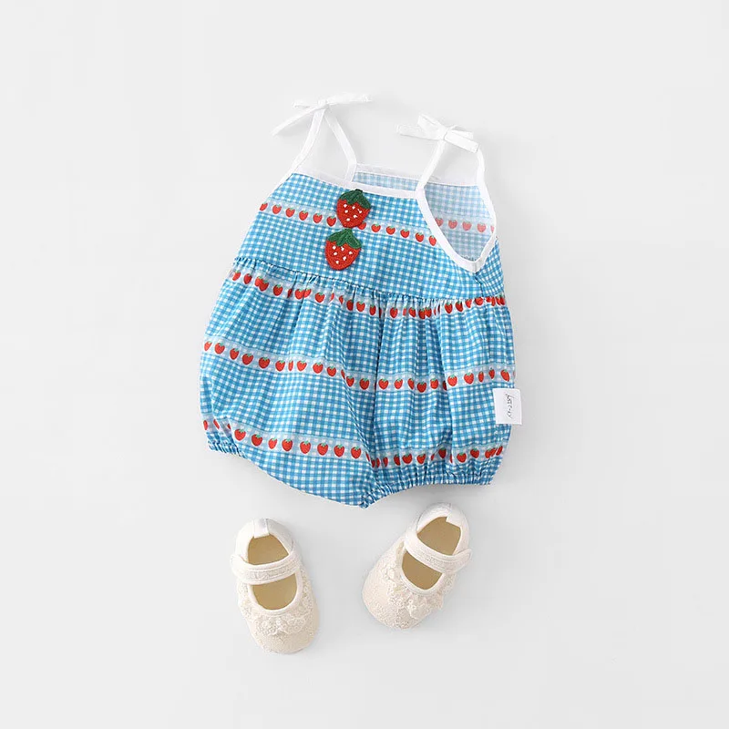 MILANCEL New Summer Baby Suspenders Bodysuit Toddler Girls Blue Check Embroidered Strawberry One Piece
