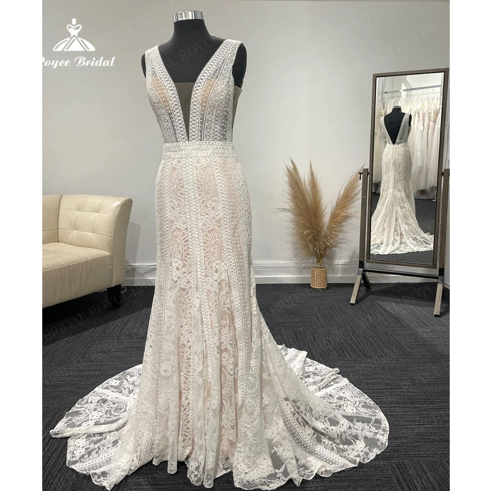 

Real Photos Simple Sexy Deep V Neck Open Back Sleeveless Mermaid Bohemian Court Train Lace Wedding Dress Bride Gown 20223