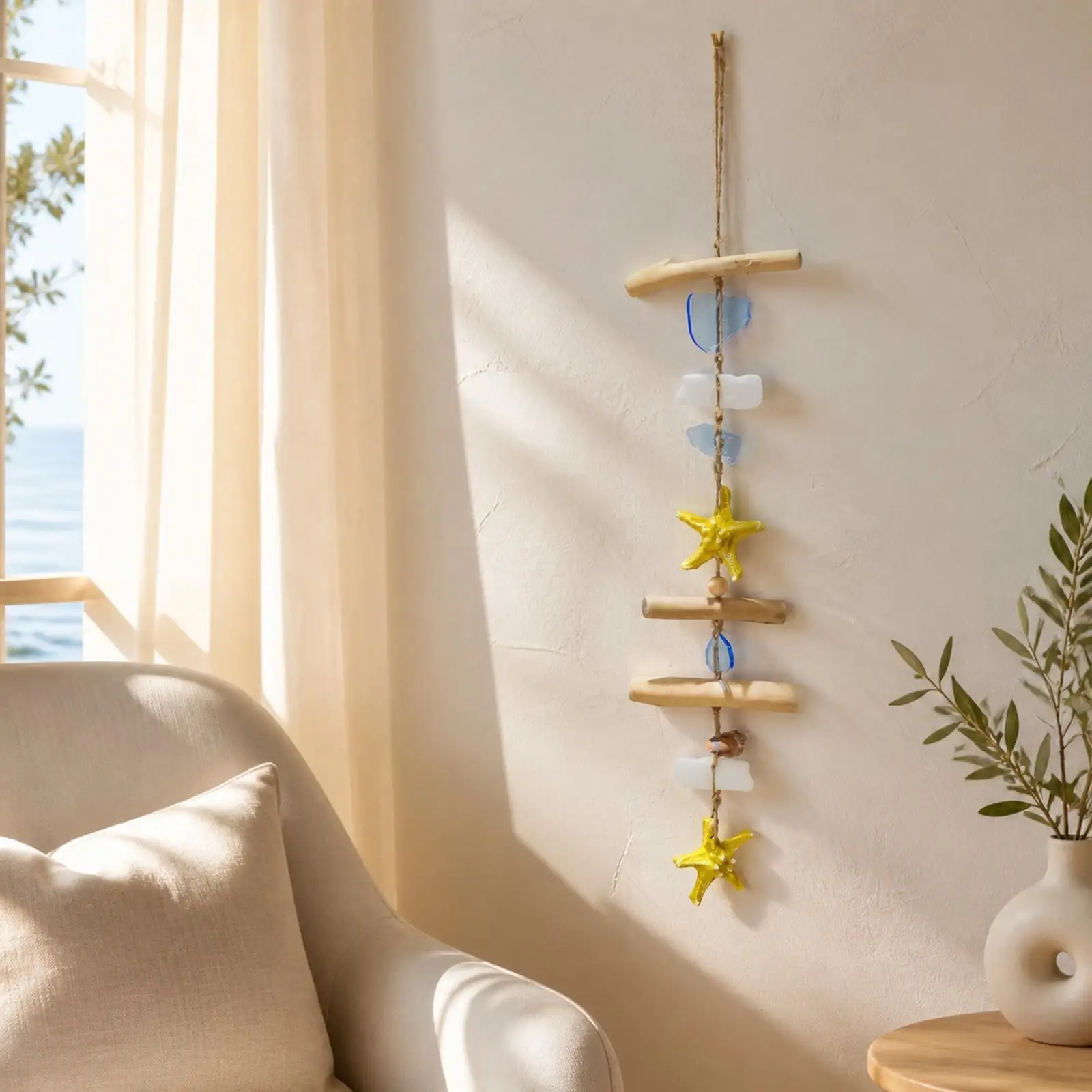 Nautical Wall Decor Rustic Driftwood Wall Ornament with Sea Star Nautical Hanging Decoration with Seashells for Living Room