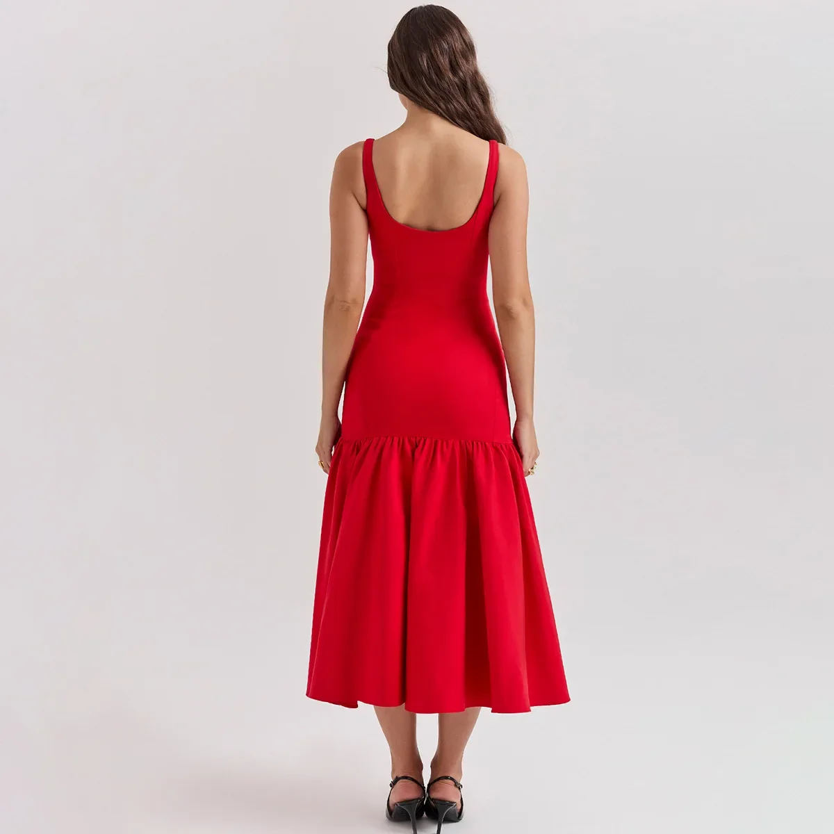 Robe d'été sexy coupe basse à col carré pour femme, robe de tambour plissée, robe précieuse, solide, coupe couvertes et évasée, robes de soirée en fibre, robe éducative