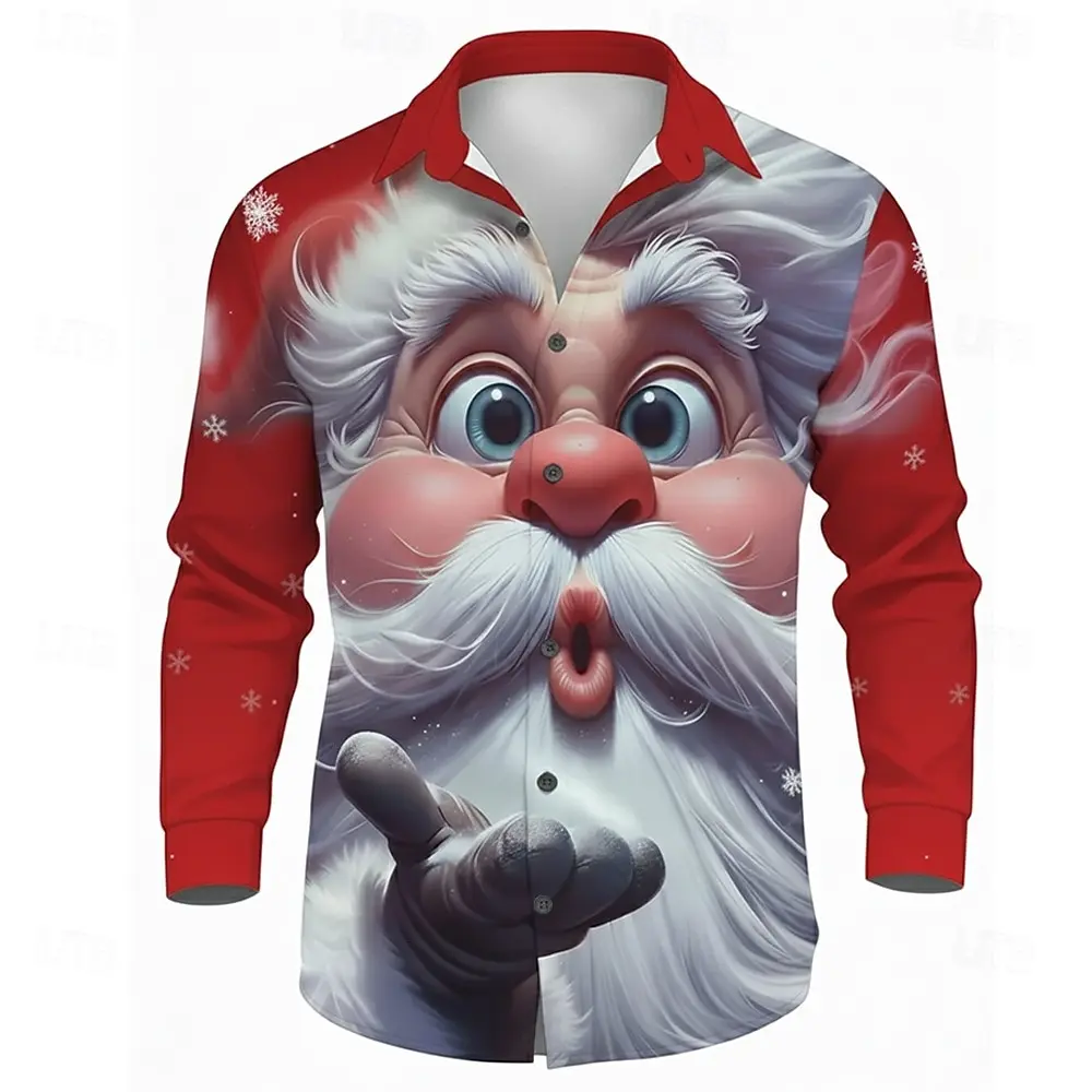 Men's 3D Graphic Long Sleeve,Street Style Fashion,Santa Claus 3D Cartoon Smile Face Print Design,2025 Autumn Casual Shirt