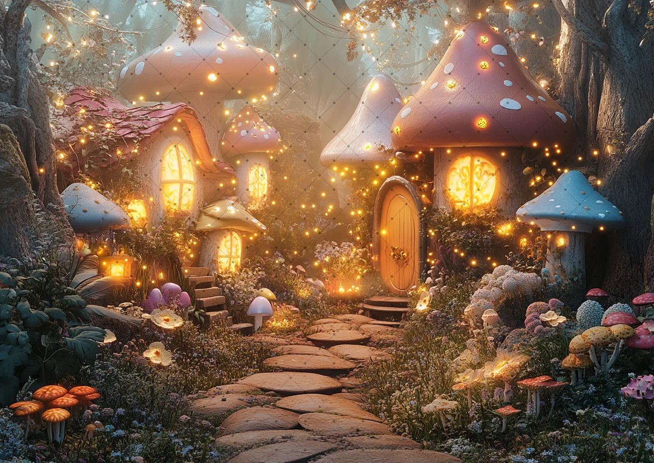 ฉากหลังงานปาร์ตี้วันเกิดธีมเทพนิยาย ป่าธรรมชาติในฝัน พร้อมเห็ด สำหรับถ่ายภาพในสตูดิโอ