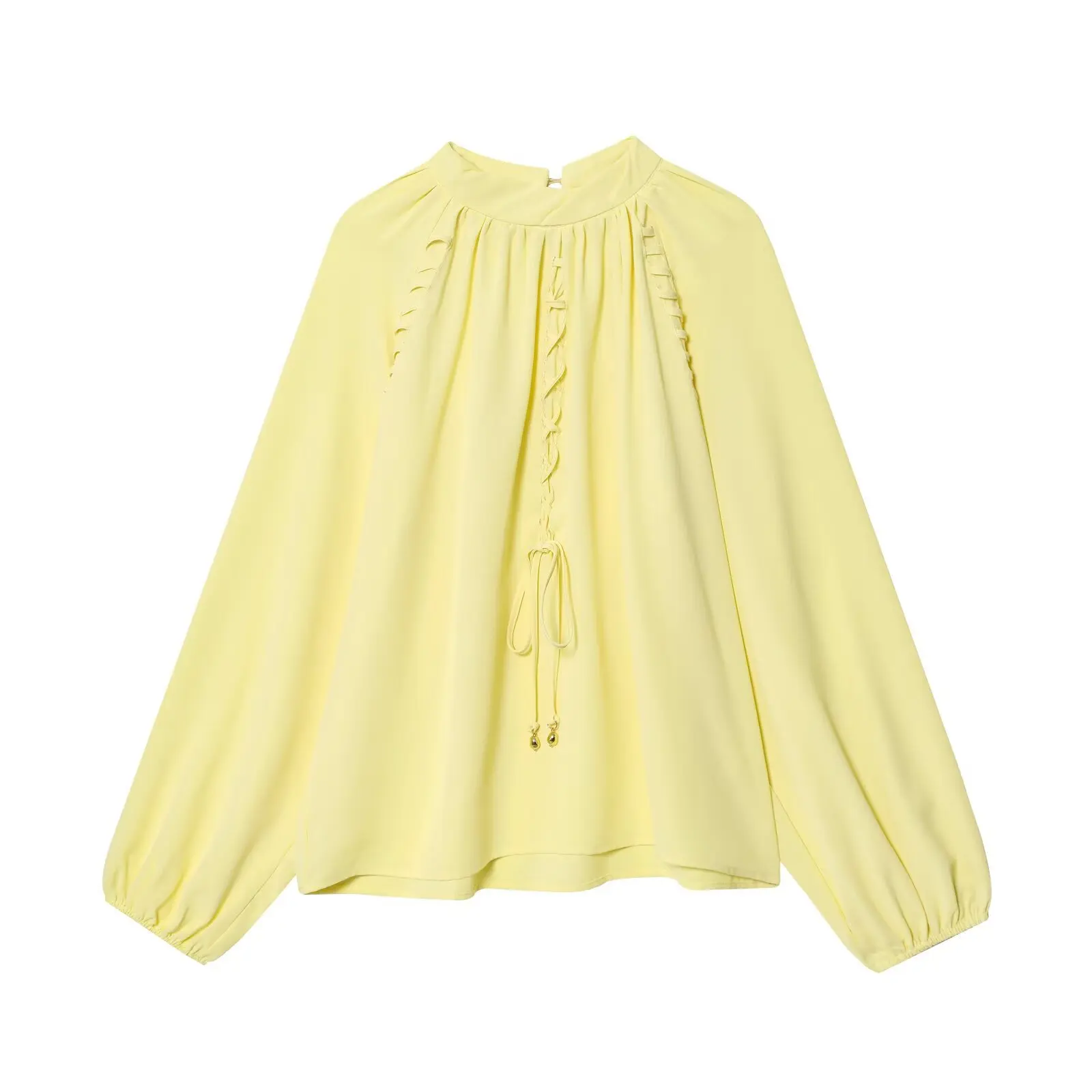 

Women Loose O Neck Lace Up Pleated Lantern Sleeve Shirts New Fashion Lady Shirt Tops Elegant Chiffon Blouse