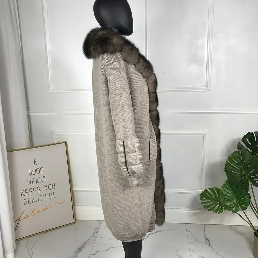 여우 모피 코트 캐시미어 니트 스웨터, 울 케이프, 긴 가디건, 진짜 여우 모피 트림, 겨울, 전체 소매