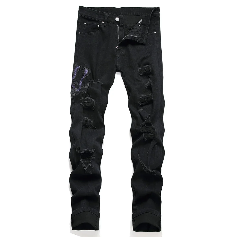 

Men Snake Embroidery Jeans Streetwear Black Stretch Denim Pants Holes Ripped Distressed Slim Straight Trousers