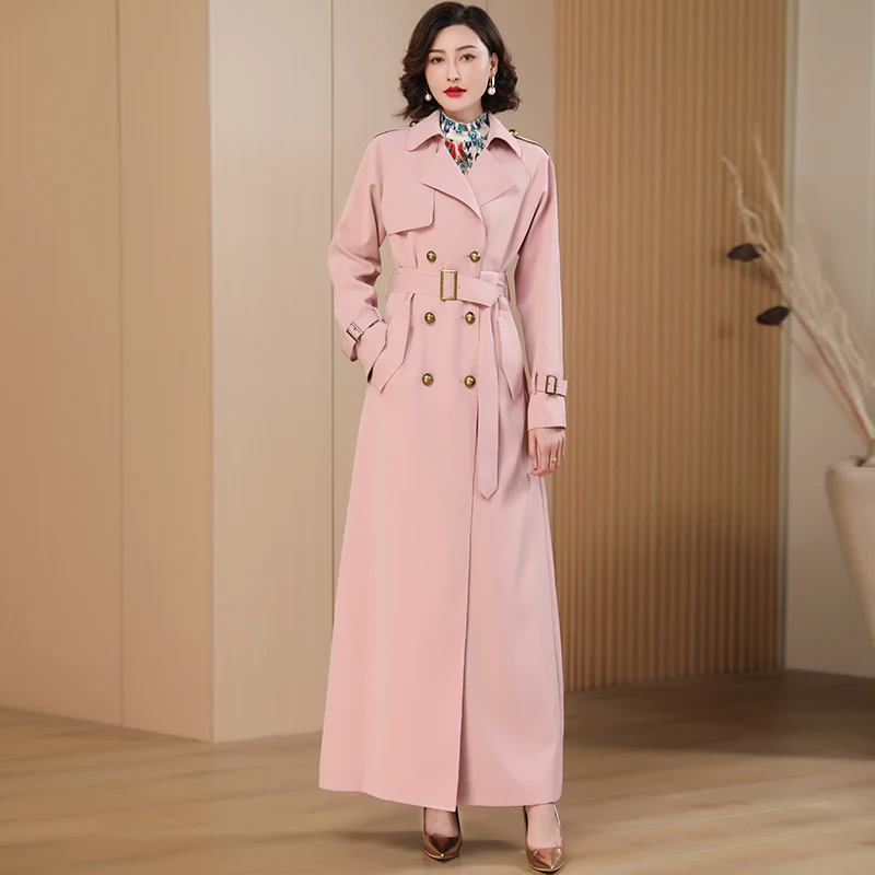 

2024 New Trench Women Winter Pink Coat X-Long Jacket Double Breasted Turn-down Collar Outwear Office Lady Skirt Hem with Belt