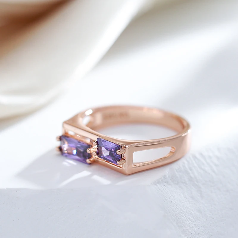 JULYDREAM Prong Inlay Purple Zircon Hollow Geometric Rings for Women 585 Gold Color Light Luxury Jewelry Party Daily Accessories