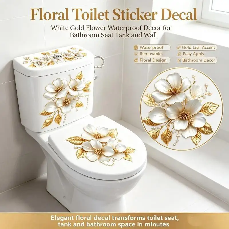 3D Effect Luxury Gold Pearl Floral Toilet Sticker Waterproof Self-Adhesive Decor for Modern Home Bathroom