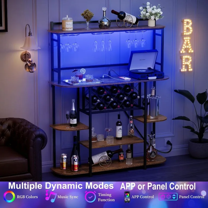 Armário de mesa de bar, equipado com soquetes de energia, luzes LED, armário de bar doméstico de 47 polegadas com rack de vinho, rack de vidro