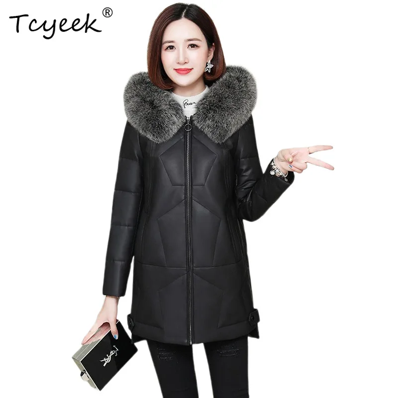 Tcyeek peau De mouton automne hiver duvet De canard blanc noir à capuche femmes veste en cuir véritable Jaqueta De Couro légítimo Feminina
