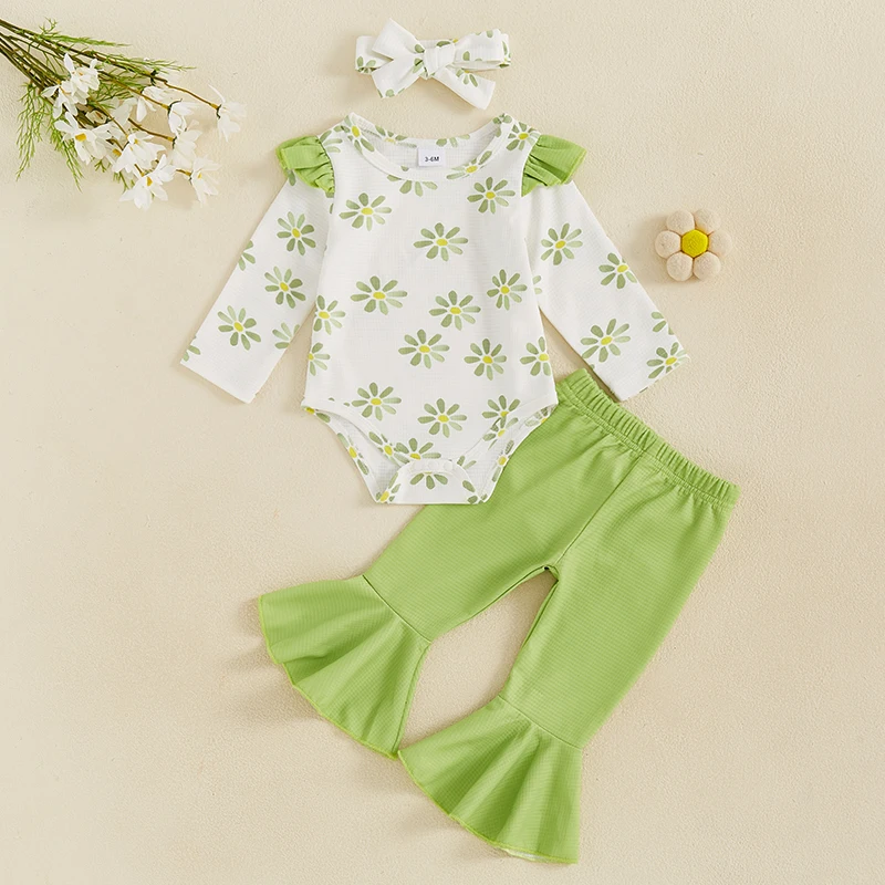 Baby Girl Spring Clothes Floral Print Long Sleeve Waffled Jumpsuit with Solid Flare Pants and Bow Headband