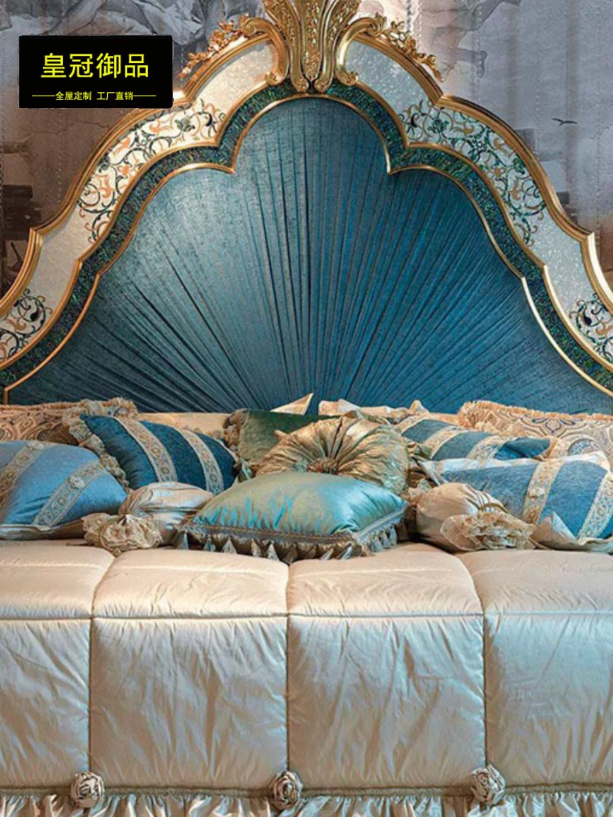 Alexandre French shell parquet master bedroom wedding bed European solid wood carved double bed Villa classical princess bed