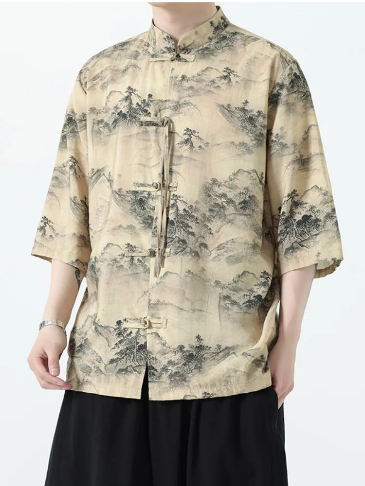 

Ice Silk ort Sve Floral irt Men's New Chinese Sle Summer Faion Retro Tang Costume Improved Hanfu Top Button up Loo...