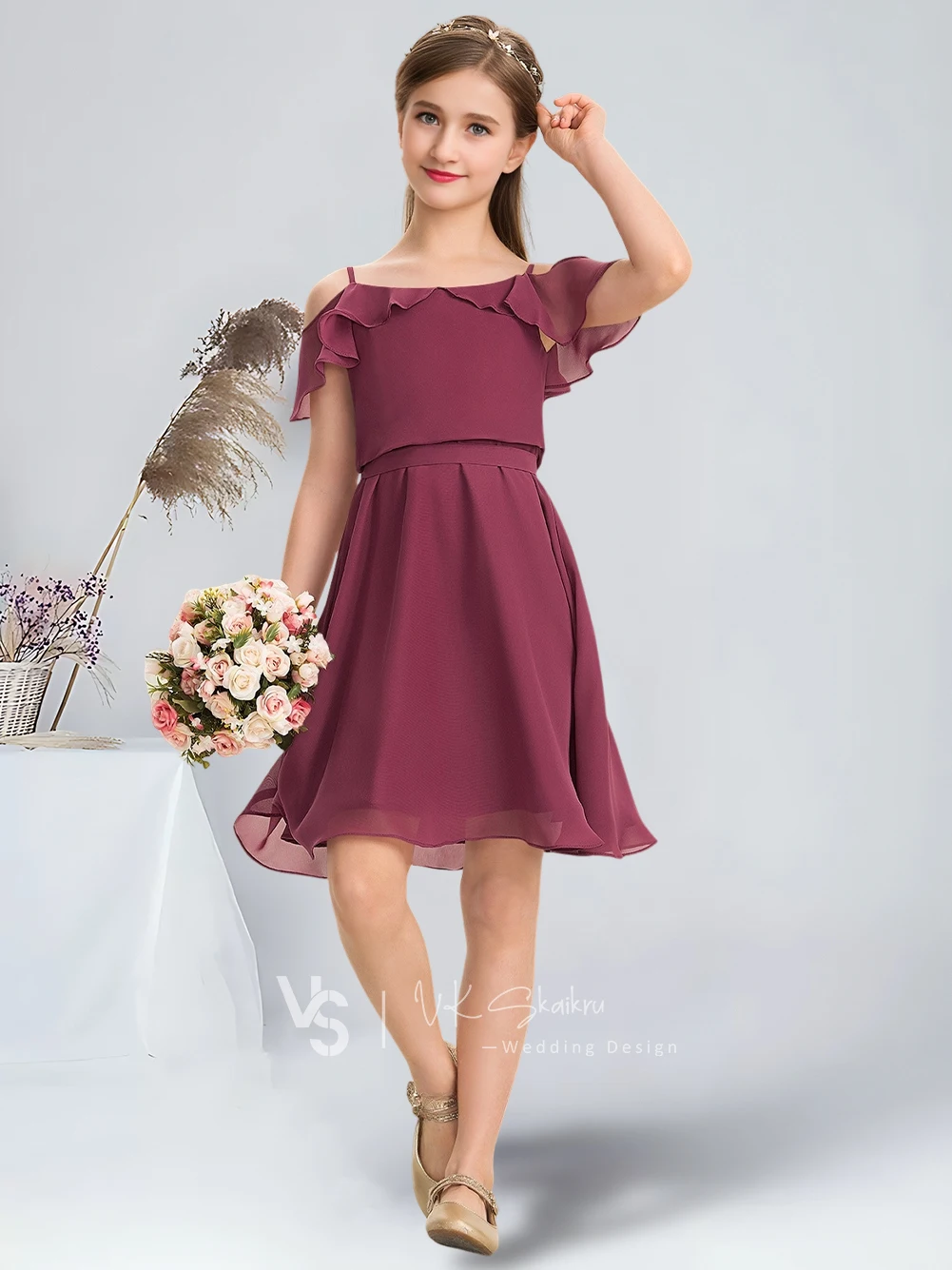 A-line Cold Shoulder Knee-Length Chiffon Junior Bridesmaid Dress With Bow Cascading Ruffles Mulberry Flower Girl Dress Wedding