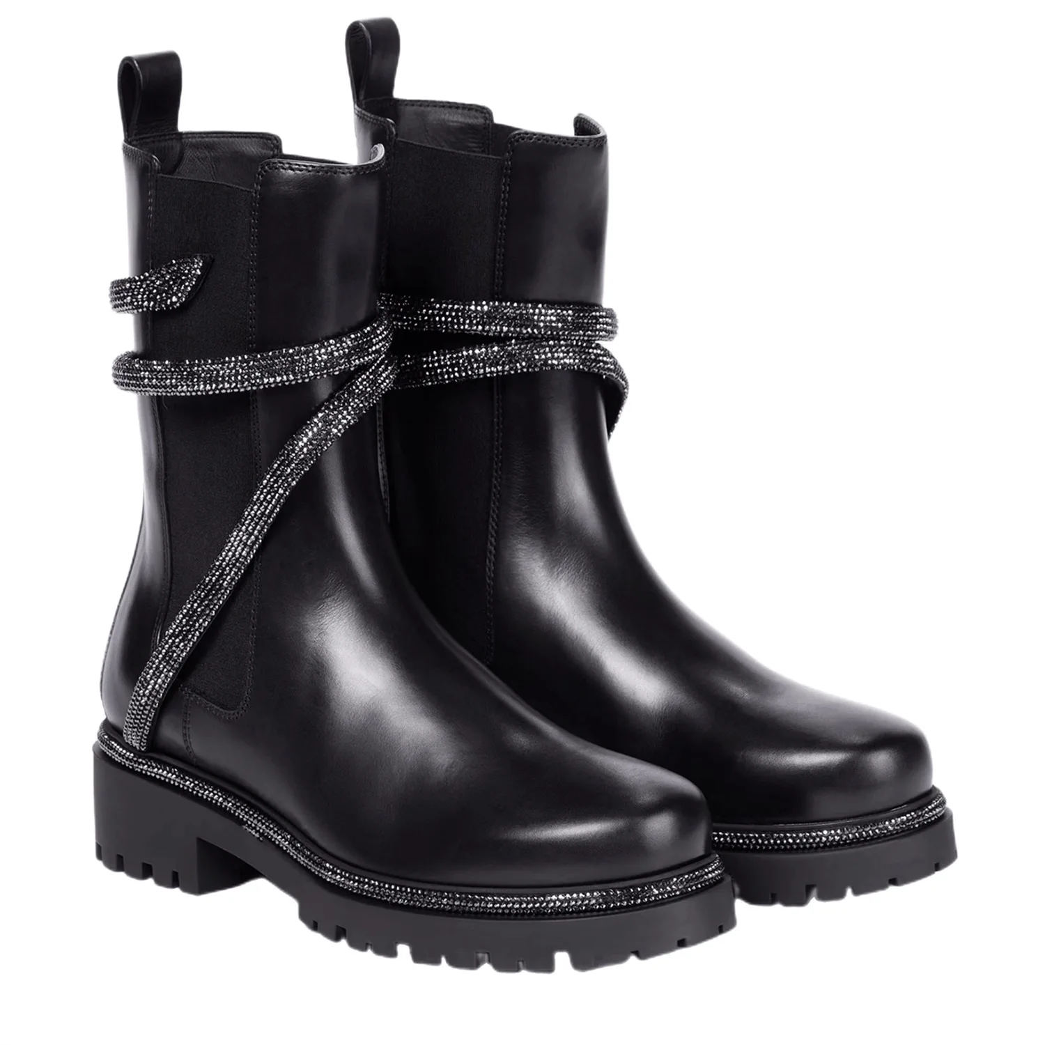 

Women's Leather Chelsea Ankle Boots Fashionable Boots with Chunky Lug Sole Sparkly Glitter Strap Detail Edgy Stylish Footwear