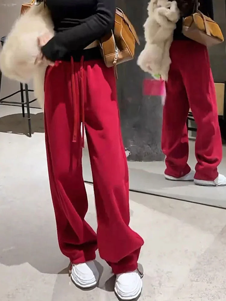 

Новые женские зимние брюки 2026 года с высокой талией, на флисовой подкладке, широкие, больших размеров, повседневные, красные, с эффектом похудения