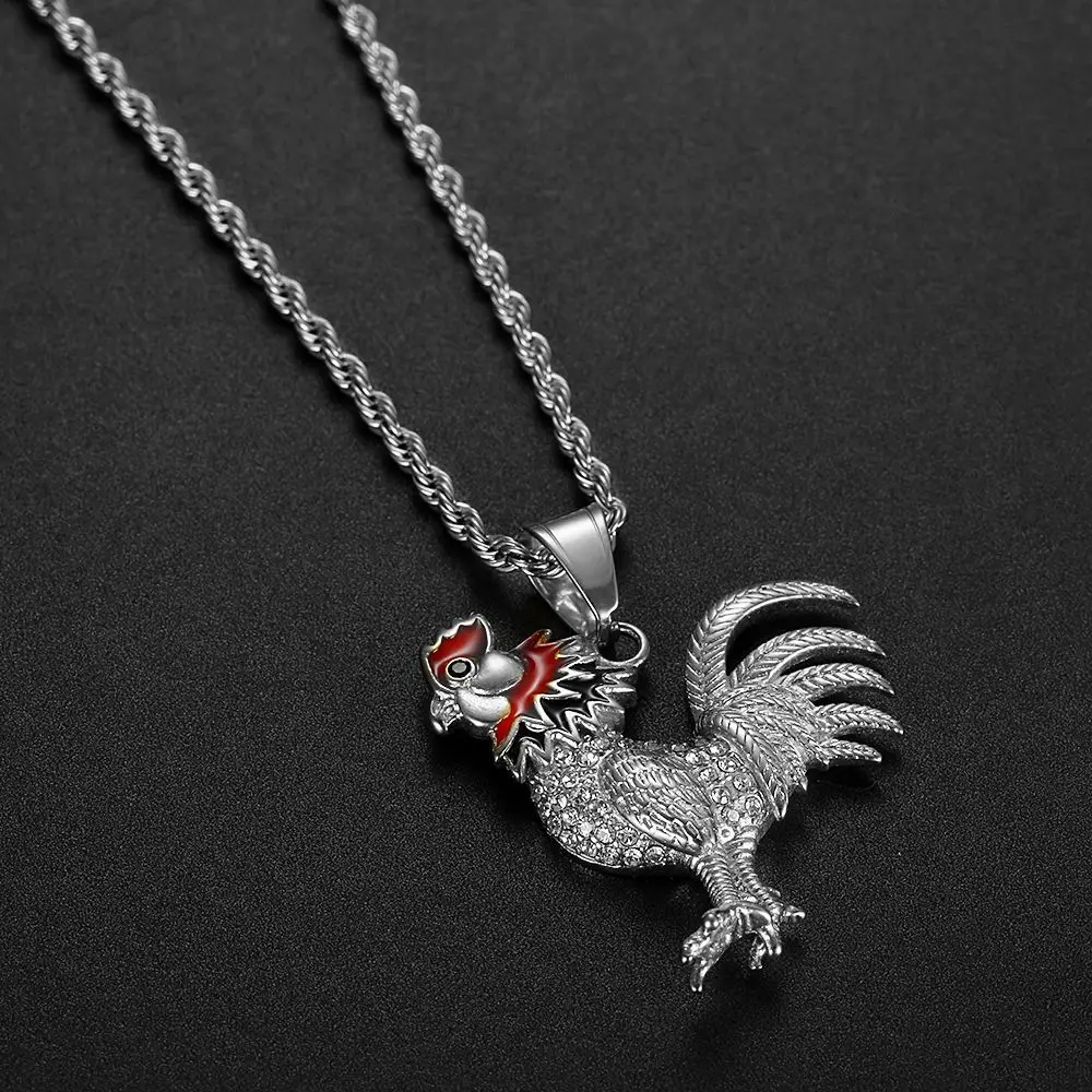 Stainless Steel Titanium Hip Hop Bling Chicken Cock Animal Pendant Collar Chains Punk Necklace for Men Women Gift Jewelry
