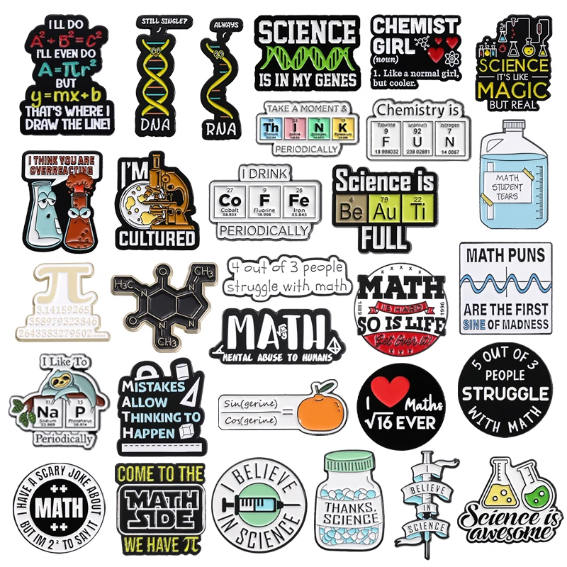 

31 Types Math Science Chemistry Biology Enamel Pins Wholesale Cartoon Creative Metal Brooches Lapel Badge Backpack Accessories