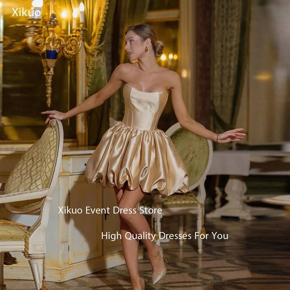 

Xikuo Bubble Hem Champagne Prom Gown A Line Strapless Satin Bespoke Occasion Robe De Soirée Above Knee Robe Soiree Customized