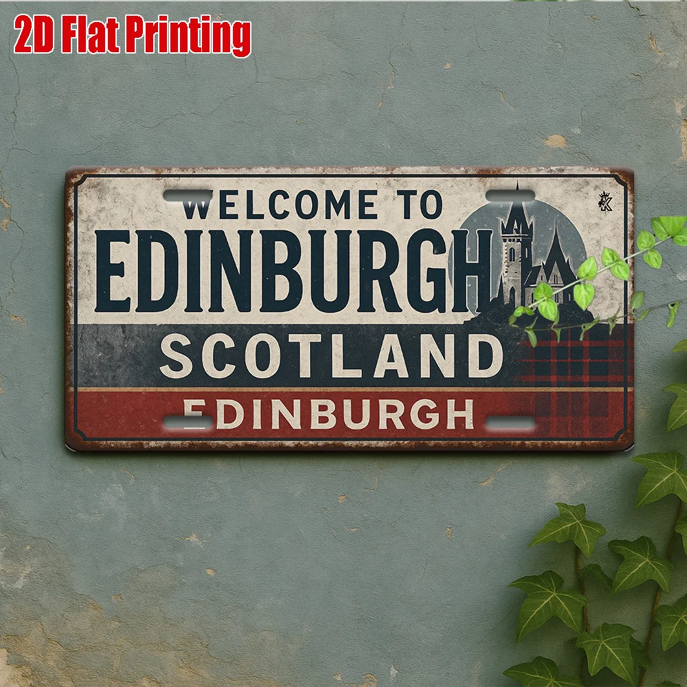 2D Flat - 1pc Edinburgh Welcome Sign Metal Sign | 2D Flat Printing, Vintage Aluminum, For Decoration Only, Ideal for Library, Pu