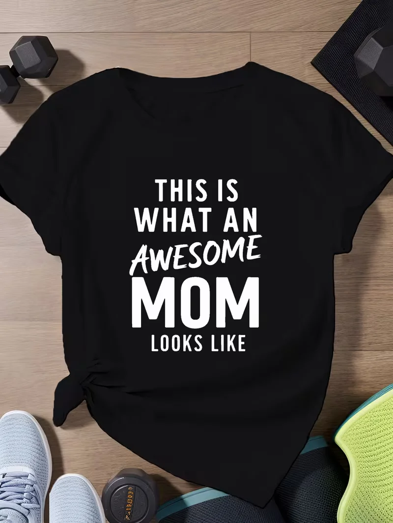 

Женская футболка с забавным надписью «Это что как потрясающая мама выглядит так» Топ с круглым вырезом с короткими рукавами, повседневный спортивный черный ши