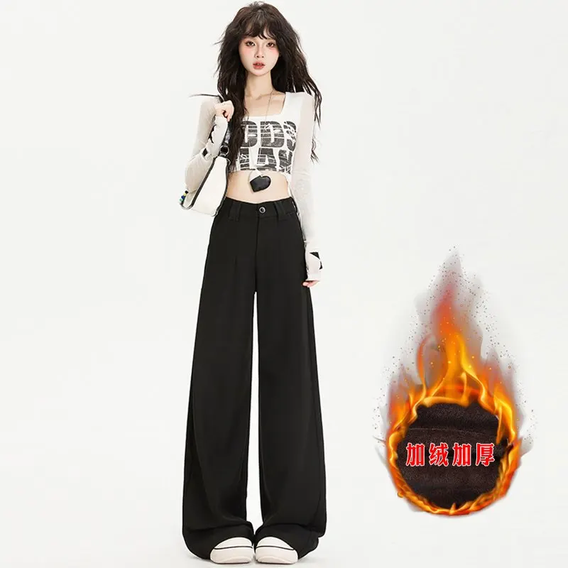 

Новые осенне-зимние черные простые утепленные брюки-костюмки, модные широкие брюки с высокой талией для женщин.
