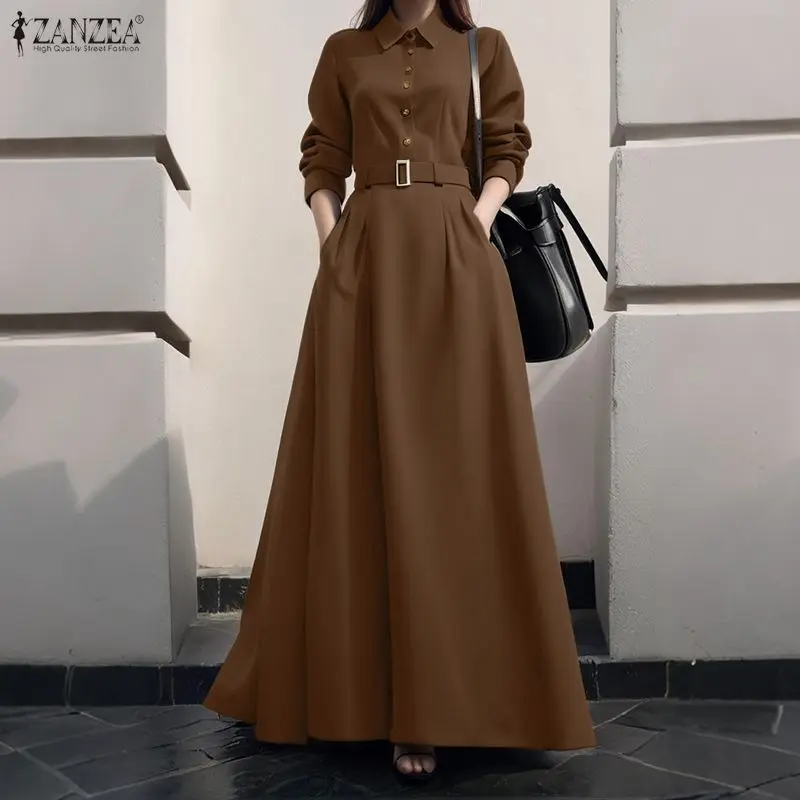 

ZANZEA женские винтажные платья с длинными рукавами и пуговицами с лацканами, однотонные макси-платья, осенний повседневный свободный пояс, элегантный вечерний халат, уличная одежда